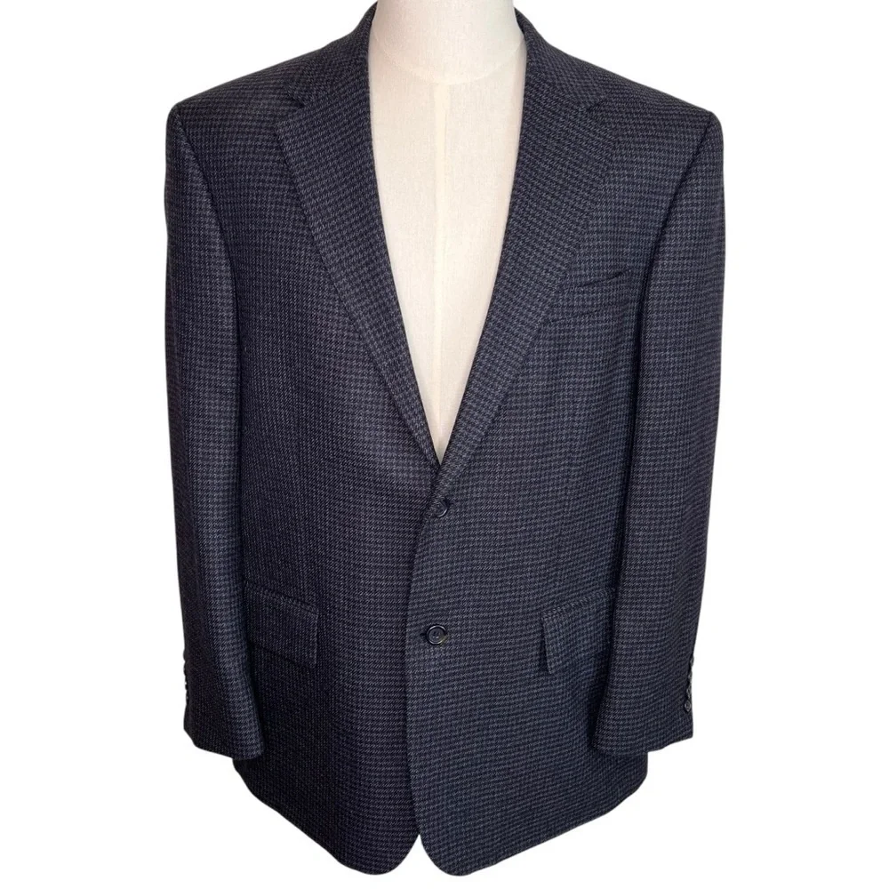 Nautica Blue Grey Houndstooth Lambswool Two Button Blazer Sport Coat Size 42 R